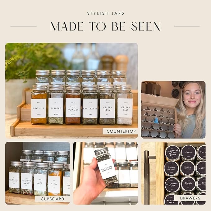 Glass Spice Jars with Labels with Metal Lids and Shakers Minimalist 36 Pack Set, 4oz Small Clear Empty Spice Bottles Seasoning Containers with Label Organizer Square Herb Seasoning Jars for Kitchen