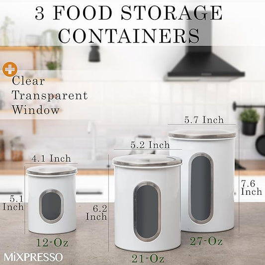 Mixpresso 3 Piece White Canisters Sets For The Kitchen, Kitchen Jars With See Through Window, Airtight Coffee Container Tea Organizer & Sugar Canister, Kitchen Canisters Set of 3 White Kitchen Decor.