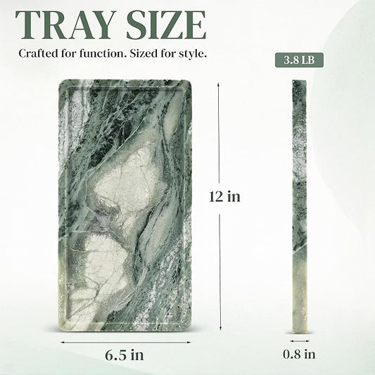 Green Marble Tray – 12" x 6.5" Decorative Vanity Tray for Bathroom, Countertop, Jewelry, Candles, Kitchen | Natural Stone Organizer for Makeup, Perfume, Skincare & Home Décor
