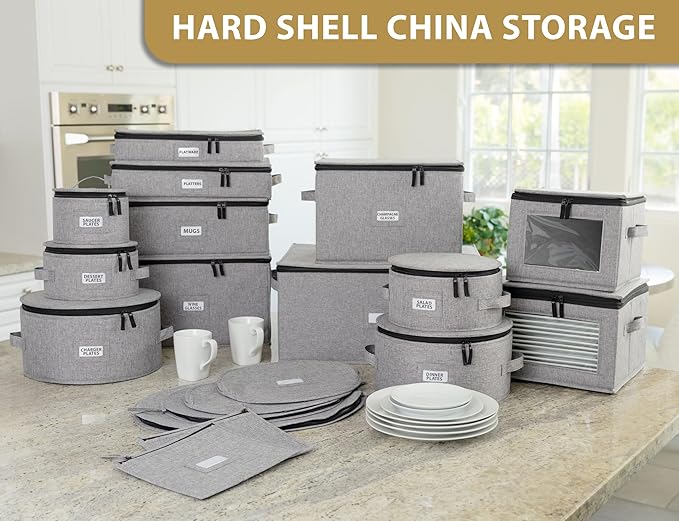 China Storage Container for Dinner Plate - Fit plates up to 11.5" W - Includes 12 Thick Felt Dividers. Hard Shell and Stackable with Padded Interior
