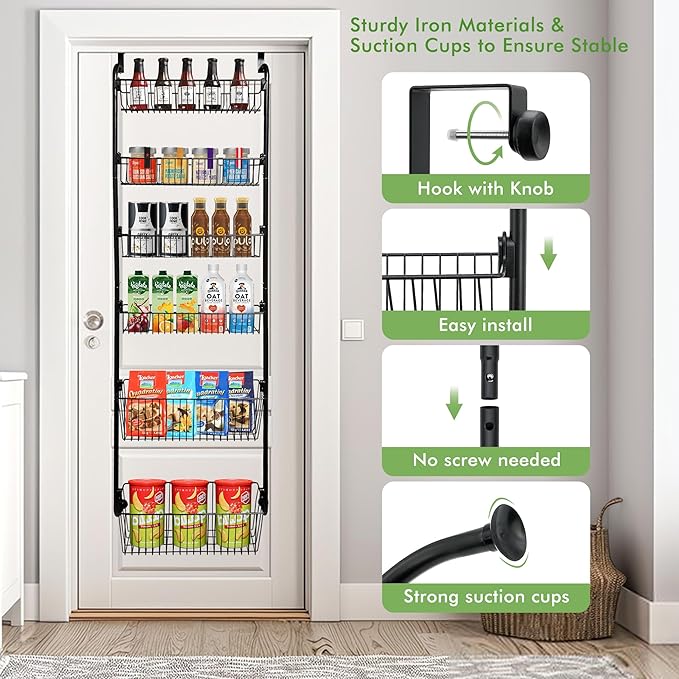COOLFXEND Over the Door Pantry Organizer,6-Tier Pantry Door Organizers and Storage,Metal Over the Door Spice Rack for Pantry/Kitchen,Space Saving,Easy to Install,Black(4x4.72+2x5.9 Width Baskets)