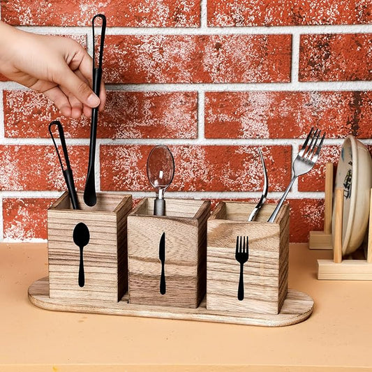 Kathfly 4 Pcs Silverware Caddy Utensil Holder for Countertop Silverware Organizer with Wood Tray Spoon Fork Holder 3. 15 x 3. 15 x 4. 53 Inches of Each Organizer for Kitchen Parties(Brown)