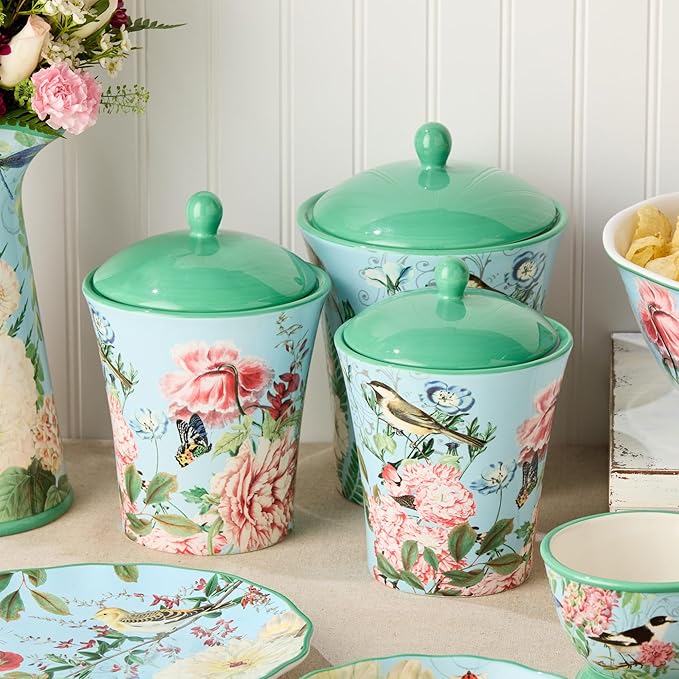 Flora Ceramic Canister Set – 3-Piece Airtight Storage Jars with Pastel Floral, Butterfly, and Dragonfly Designs, Perfect for Coffee, Sugar, Flour, Snacks, or Kitchen Countertop Décor