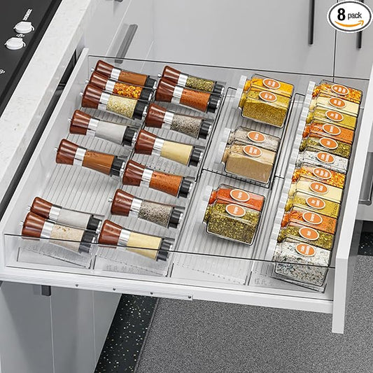 Clear Acrylic Spice Drawer Organizer, 4 Tier- 8 Pcs Spice Organization for Cabinet, Seasoning Organizer, Spice Rack for Drawer, Spice Drawer Expandable From 11'' to 22''