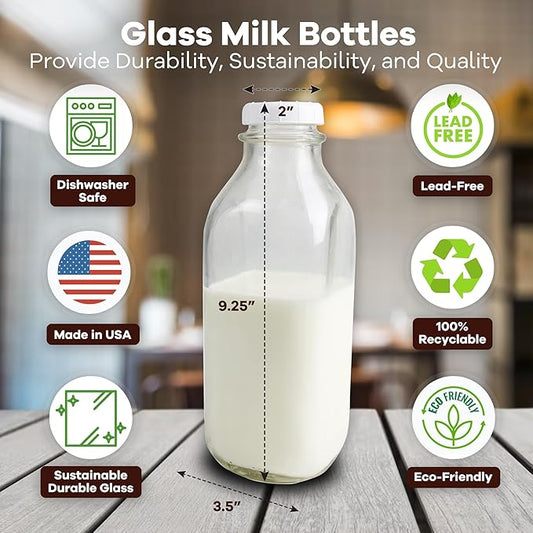 The Dairy Shoppe Heavy Glass Milk Bottles - Jugs with Extra Lids and a Silicone Pour Spout - Clear Milk Containers for Fridge - Reusable Glass Milk Jug Dispenser - Made in USA (33.8 oz, 2 Pack)