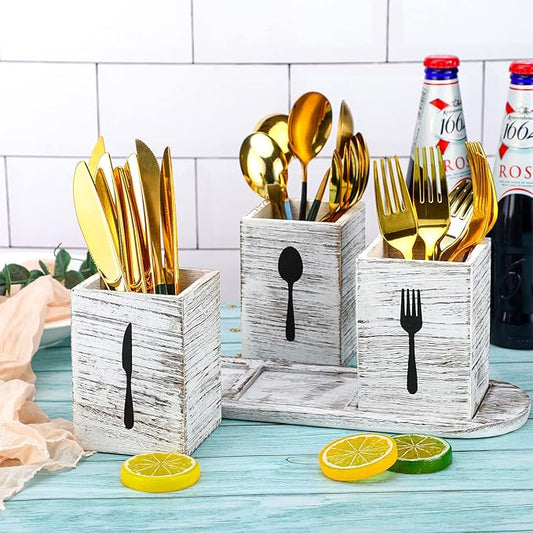 Kathfly 4 Pcs Silverware Caddy Utensil Holder for Countertop Silverware Organizer with Wood Tray Spoon Fork Holder 3. 15 x 3. 15 x 4. 53 Inches of Each Organizer for Kitchen Parties(Retro White)