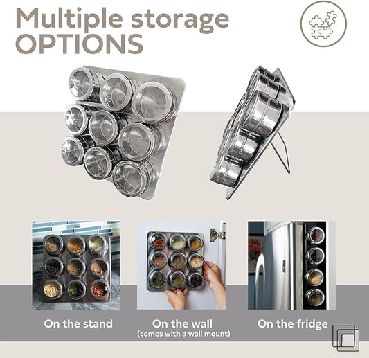 Uncluttered Designs Intergalactic Spice Rack Set With Magnetic Jars, Stand and Wall Mount (9 Tin)