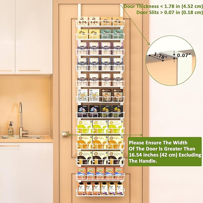 Churboro Over the Door Pantry Organizer Rack with 12 Adjustable Baskets, 12 Tiers Dual-use Spice Rack- Hanging or Wall Mount Spice Rack, Pantry Door Organizer, White