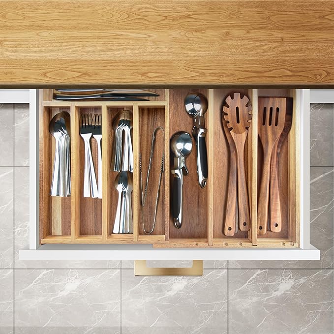 Acacia Wood Expandable Silverware Organizer, Kitchen Utensil Drawer Organizer for Forks & Spoons, 8-Compartment Cutlery Tray, Flatware Holder