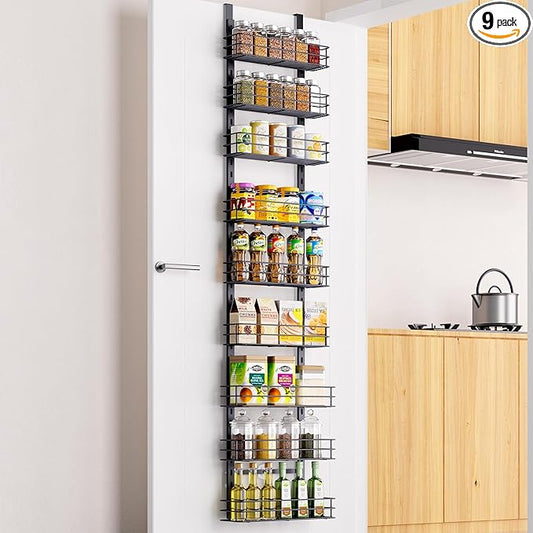 Pantry Door Organizer 12 Inch Wide, 9 Tier Hanging Adjustable Over the Door Spice Rack For Narrow Space,Matt Black
