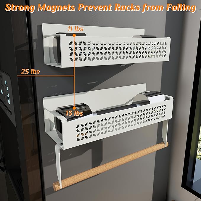 Magnetic Spice Rack Set 2 Pack Refrigerator Storage Organizer with Removable Paper Towel Holder for Kitchen - White