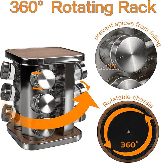 Revolving Countertop Spice Rack, 12 Jars Stainless Steel Rotating Seasoning Storage Organizer for Cabinet, Spice Carousel Tower for Kitchen