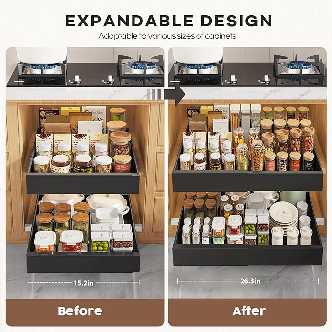 2 Pack Pull Out Cabinet Organizers 21"Deep With Raising Pad for Framed Cabinets,Expandable Slide Out Drawers Upgrade 3 Slide Rails,Roll Out Shelves Adhesive,Adjustable Width 15.2"-26.3" Black