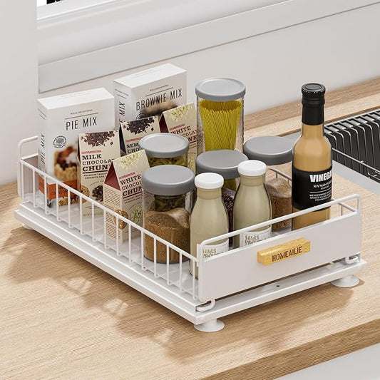 Under Sink Organizer, Single Tier Metal Pull Out Sliding Drawer Shelf for Kitchen Bathroom Cabinet Storage, Sturdy Rack – White