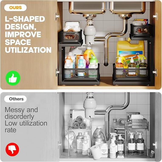 2-Pack Under Sink Storage Organizer With 2-Tier Slide Out Drawer, Sophisticated Mesh Pull Out Shelf For Kitchen & Bathroom, Fits Small Items, Upgraded Arched Track For Smooth Gliding,Height Adjustable
