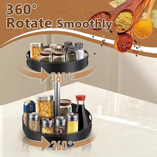 Spice Rack Lazy Susan Organizer, 2 Tier Height Adjustable Rotating Lazy Turntable Organization for Cabinet Kitchen Table Pantry Countertop Refrigerator Cupboard Storage(Black, 12 inch)