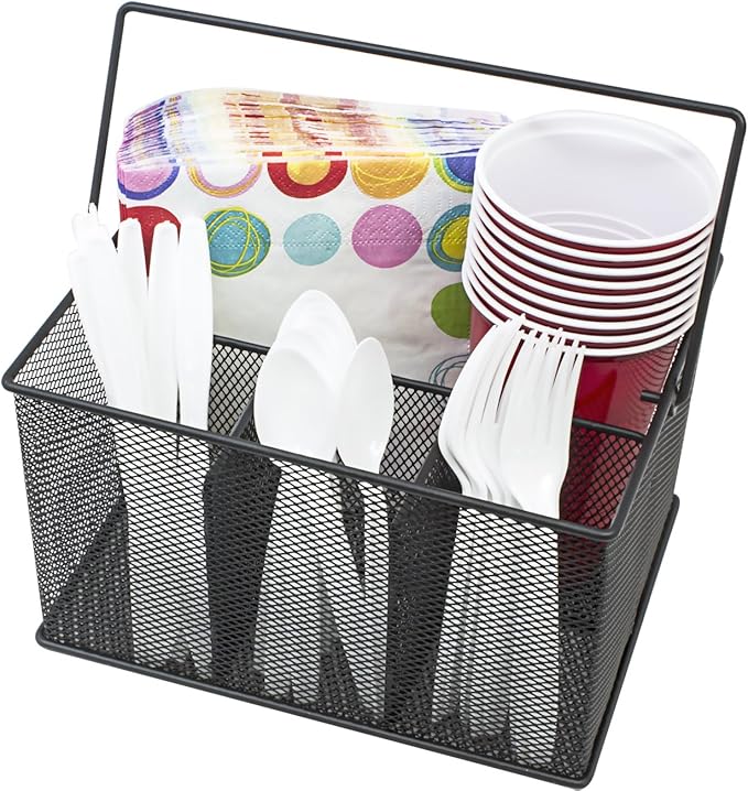 Sorbus® Utensil Caddy — Silverware, Napkin Holder, and Condiment Organizer — Multi-Purpose Steel Mesh Caddy—Ideal for Kitchen, Dining, Entertaining, Tailgating, Picnics, and much more (Black)