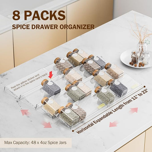 Spice Drawer Organizer, 8 Pack Clear Seasoning Organizer Rack, Kitchen Spice Rack Organizers for Drawer/Countertop (Jars Not Included, Expandable From 11" to 22" Wide)