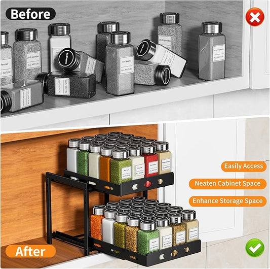 RCHYFEED Pull Out Spice Rack Organizer for Cabinet, 2-Tier Heavy Duty Slide Out Spice Rack for Inside Cabinets & Pantry, Kitchen Seasoning Organizer Vertical Spice Racks,9.5" Wx10.8 Dx9.7 H,Black