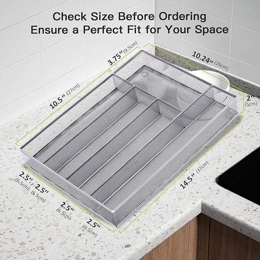 Silverware Drawer Organizer Holder, Cutlery Tray Silverware Flatware Storage Divider for Kitchen, Bedroom, Living Room,Mesh Wire with Non-slip foam Feet, 5 Compoment（ Silver）