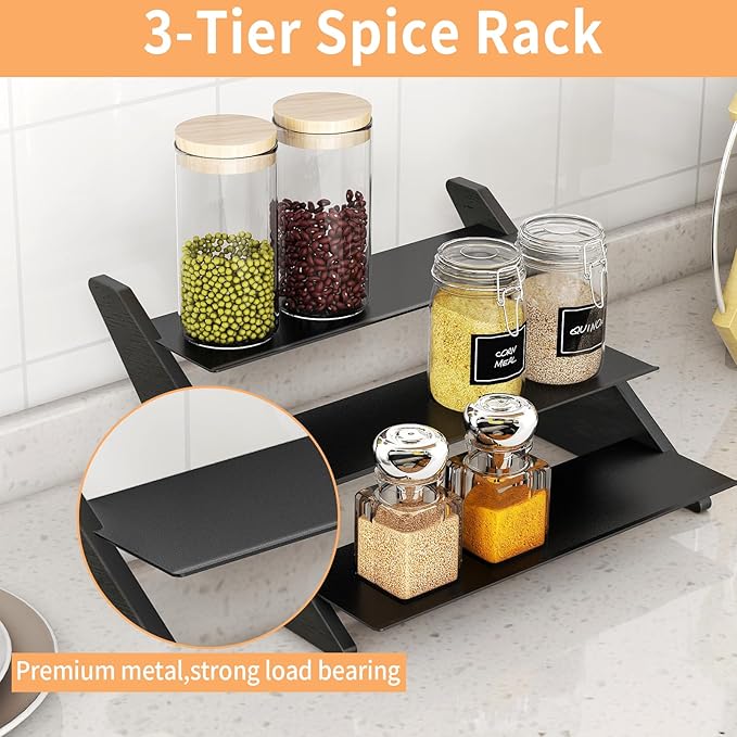 3 Tier Spice Rack Organizer for Cabinet, Metal with Wood Step Shelf Countertop Spice Storage Holder, Seasoning Organizer for Kitchen, Pantry, Black, 2 Pack