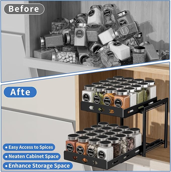 Pull Out Spice Rack Organizer, 2-Tier Vertical Spice Rack, Height Adjustable for Kitchen Cabinet (9.7''Wx10.8''Dx9.2''H, Metal Black)