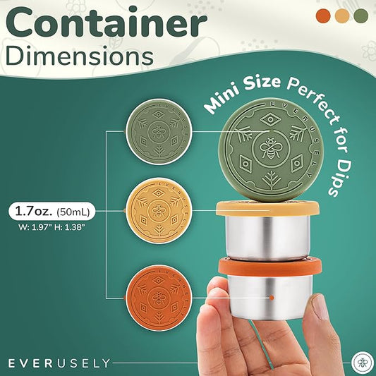 Everusely Condiment Cups - 3 Pack, 1.7 oz, Muted, Stainless Steel - Condiment Containers with Lids - Reusable Salad Dressing Container To Go - Sauce & Dip Cup for Lunchbox, Meal Prep