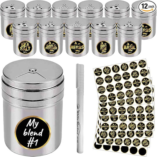 CUSINIUM 12-pack 6oz Metal Seasoning Containers Set with Adjustable Lid -192 Labels + Marker - Spice Jars Organizers Bundle