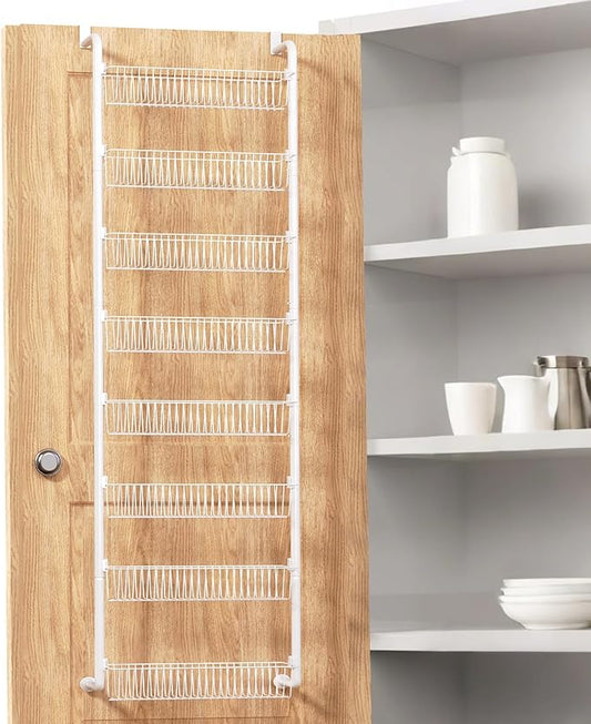 Goovilla Over The Door Pantry Organizer, 8-Tier Pantry Organization and Storage, Metal Hanging Spice Rack for Pantry Door, Kitchen, Laundry, Bathroom Organization, Back of Door Seasoning Rack, White