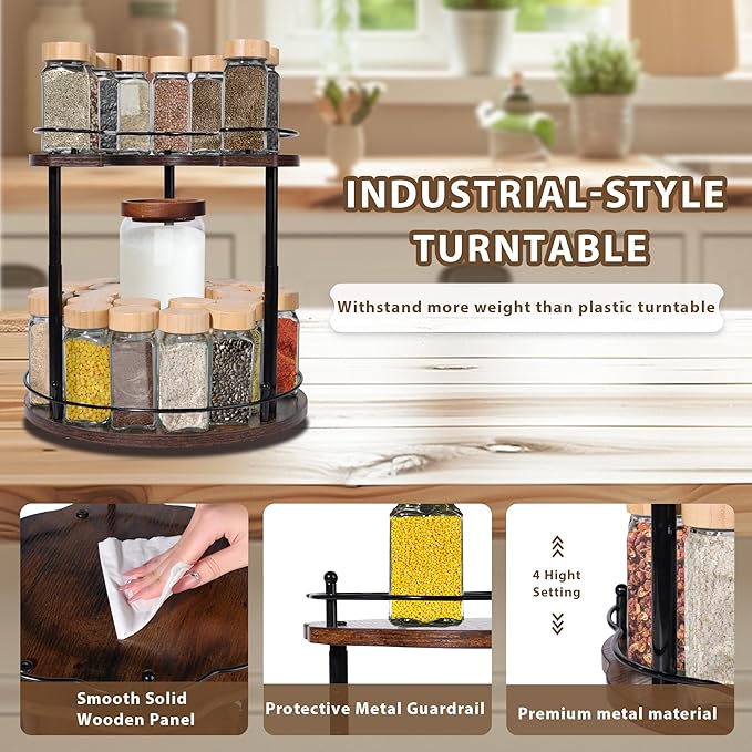 2-Tier Lazy Susan Spice Rack Organizer, Height Adjustable Rotating Turntable for Cabinet, Kitchen Countertop & Pantry, 12 Inch Wooden Spice Storage Rack, Compact & Versatile Design, Rustic Brown