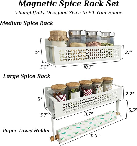 Magnetic Spice Rack Set 2 Pack Refrigerator Storage Organizer with Removable Paper Towel Holder for Kitchen - White