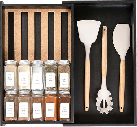 Spice Drawer Organizer with Expandable Storage. Holds up to 15 Spice Jars (Not Included), Non-Slip Feet, Kitchen Accessory Storage, 100% Sustainable Bamboo Wood, Food-Safe Black Finish