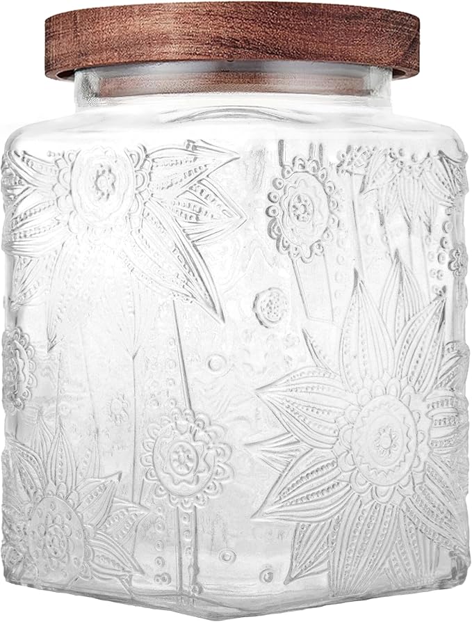 Glass Storage Jars With Airtight Lid, 23.7oz Container For Kitchen Counter with Wood Lid, brown sugar, candy, coffee, cookie, salt, tea, cute Jar (Square Sunflower)