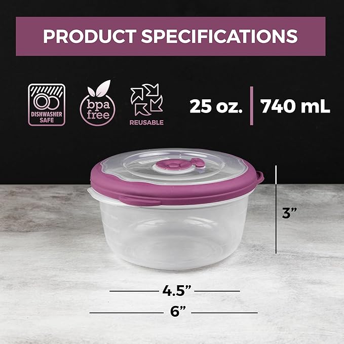 Tribello 3.1 Cup Plastic Bowls Food Storage Container With Lid For Leftovers, Meal Prep, Microwave/Dishwasher Safe, Steam Vent/Air-Tight Lid, For Soup Freezer Storage Set - 25 Oz - 6 Piece Set
