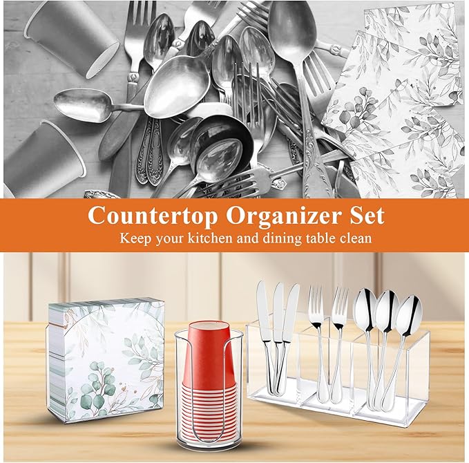 3 Set Acrylic Cutlery Storage Organizer, Clear Plastic Tableware Storage for Knives Forks Spoons, Acrylic Tissue Paper Holder Disposable Cup Holder Dispenser for Kitchen Restaurant Party