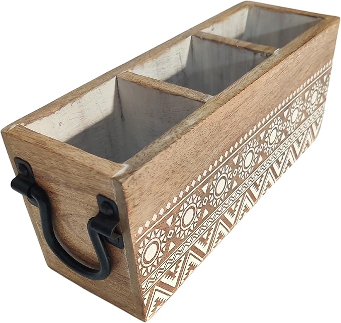 VANIYA CRAFTSR® Handmade Wooden Carved Design 3 Compartments Cutlery Utensil Holder For Napkins, Spoons, Forks, Tissues, Knife (Natural White Finish)