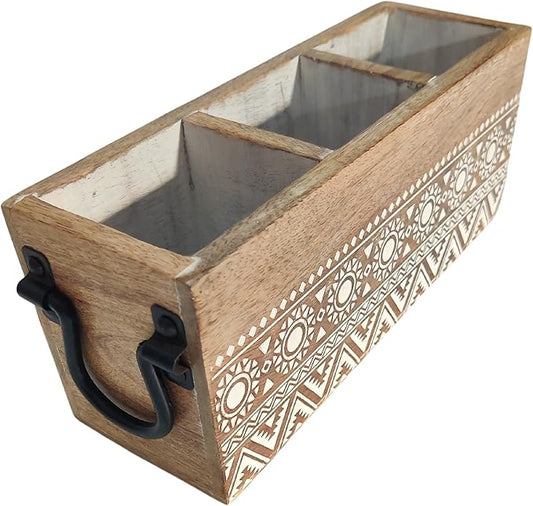 VANIYA CRAFTSR® Handmade Wooden Carved Design 3 Compartments Cutlery Utensil Holder For Napkins, Spoons, Forks, Tissues, Knife (Natural White Finish)