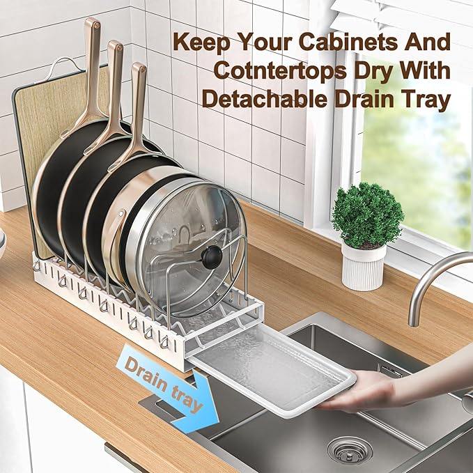 Pull Out Pots And Pans Organizer Under Cabinet,Pot Organizers Inside Cabinet,Pot Lid Holders & Pan Rack With Drain Tray,10 Adjustable Dividers(Black)