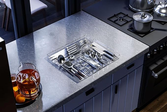 Acina Silverware Organizer for Kitchen Drawers: Expandable Cooking Utensil Tray - Adjustable Cutlery Flatware Holder - Spatula Tools Gadgets Storage Divider Clear (Expandable Tray with 9-Drawers)