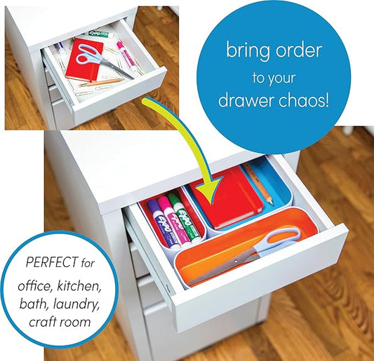 Three by Three Seattle 6 Piece Shallow Metal Organizer Tray Set for Storing Makeup, Stationery, Utensils, and More in Office Desk, Kitchen and Bathroom Drawers (1 Inch, Red Dots and Stripes)