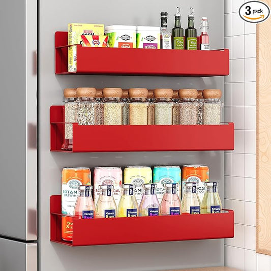 3 Pack Moveable Fridge Magnetic Spice Racks,Metal Red