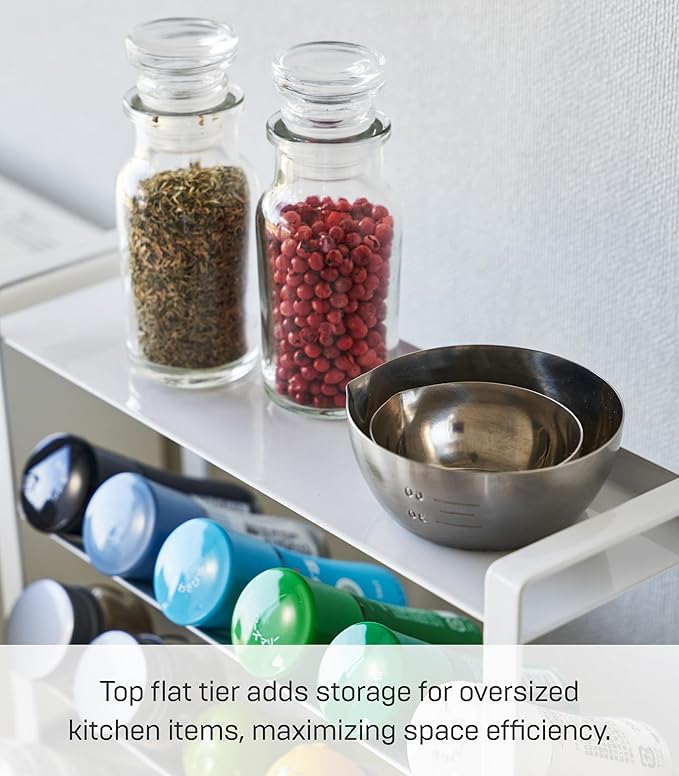 Yamazaki Home Tower 4-Tier Slim Spice Rack Organizer - Large Capacity, Angled Shelves, Flat Top Tier - Ideal For Countertops And Stove Sides - Steel
