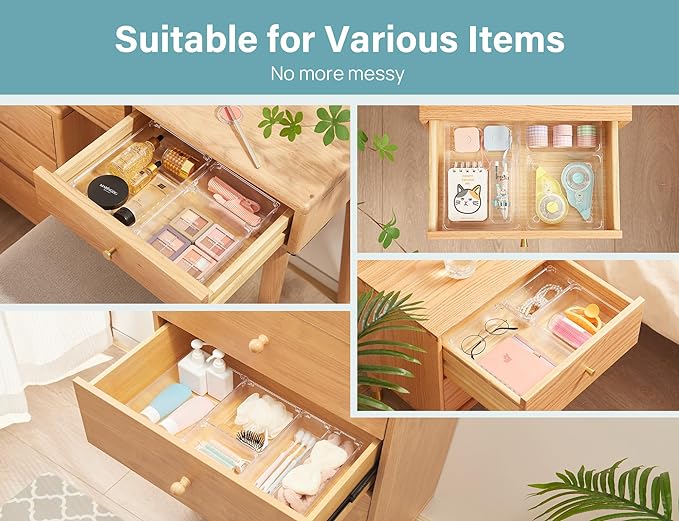 Kootek 9 Pcs Drawer Organizer Set, 4-Size Bathroom Vanity Trays Makeup Desk Dividers Versatile Storage Bins Clear Plastic Container for Dresser, Bedroom, Kitchen, Office