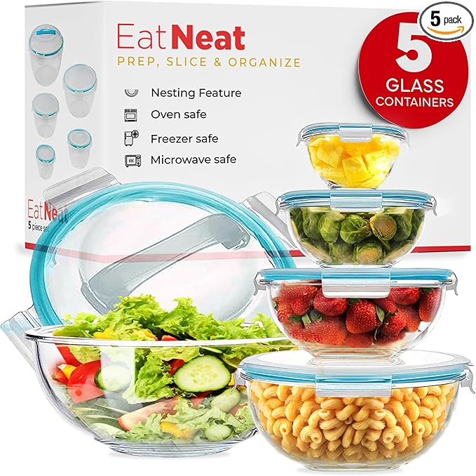 EatNeat Set of 5 Glass Food Storage Bowls with Airtight Snap Lock Lids - Salad, Mixing, Cooking, Meal Prepping & Leftover Keeping, Stackable & Nesting