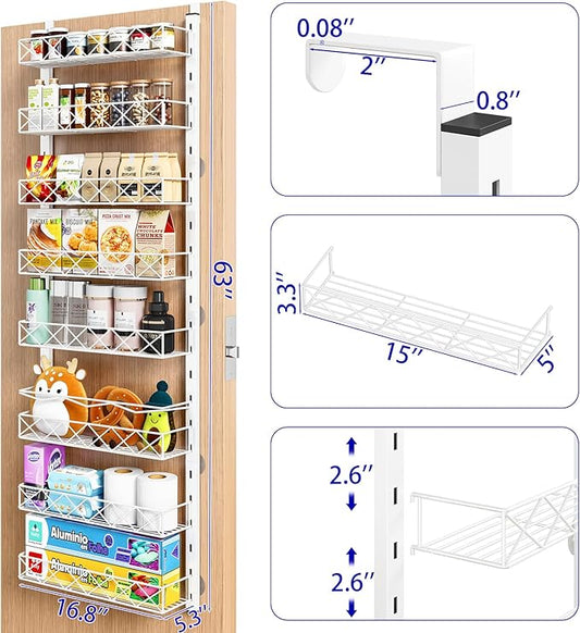 Over the Door Organizer, White 8-Tier Pantry Door Organizer with Adjustable Basket, Hanging Spice Rack Cabinet Door Shelves, Laundry Room Organization and Storage