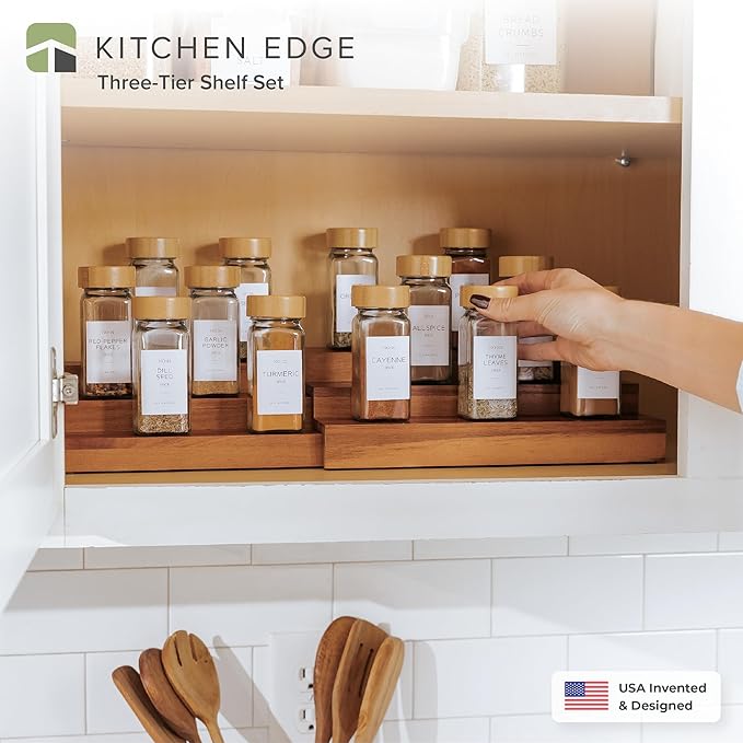 Expandable Spice Rack Organizer for Cabinet, 3-Tier Shelf for Spice Organization (11” to 22”), Fits 36 Spice Jars, Seasoning and Pantry Storage, Non-Slip Feet, 100% Acacia Wood