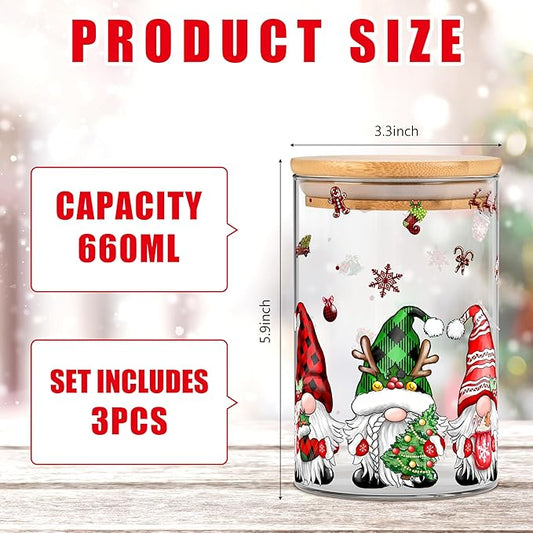 3 Pack Christmas Glass Storage Jars With Airtight Bamboo Lid Gnome Red Truck Canister Sets for Kitchen Countertop Decor Cookie Jars Candy Containers
