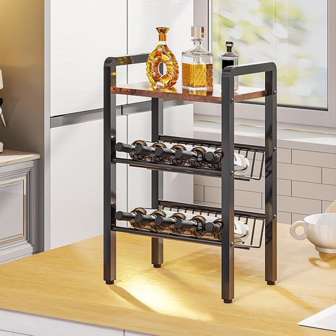 3 Tier Kitchen Countertop Organizer-Shelf -Coffee Shelf with Slanted Metal Mesh & Wood Board, Multi-Functional Spice Rack for Coffee, Bar, Office
