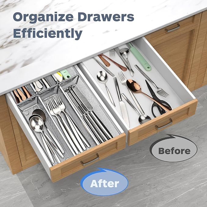 Smgmg Silverware Drawer Organizer, Cutlery Drawer Organizer, 6 Pack Utensil Drawer Organizer, Kitchen Utensils, Flatware Organizer with Interlocking Arm (9.6 * 3 * 2 inch, Grey)