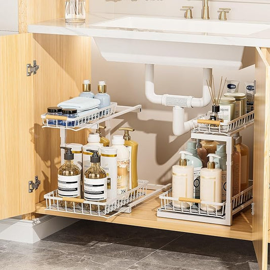 Delamu 2 Pack Under Sink Organizer and Storage, 2 Tier Pull Out Cabinet Organizer, Slide Out Under Sink Storage Shelf, Undersink Organizers Shelves for Kitchen Bathroom Pantry Organization